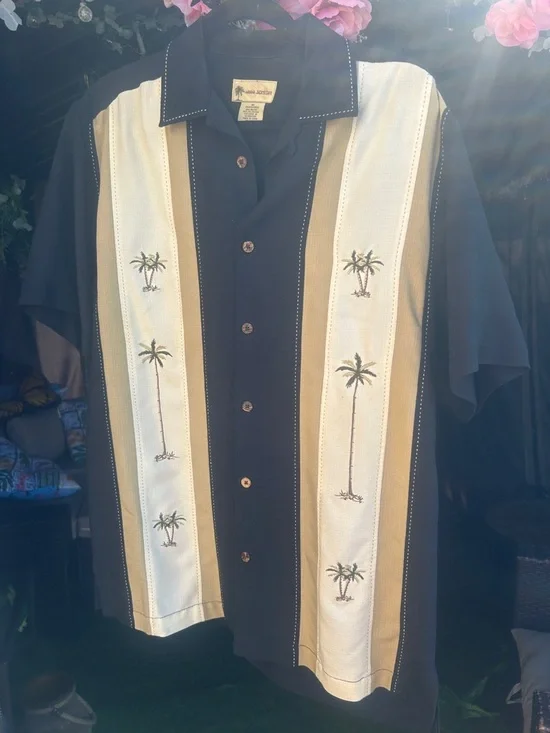 Tropical Palm Embroidered Cuban Shirt - Black & Cream - Picture 1 of 4